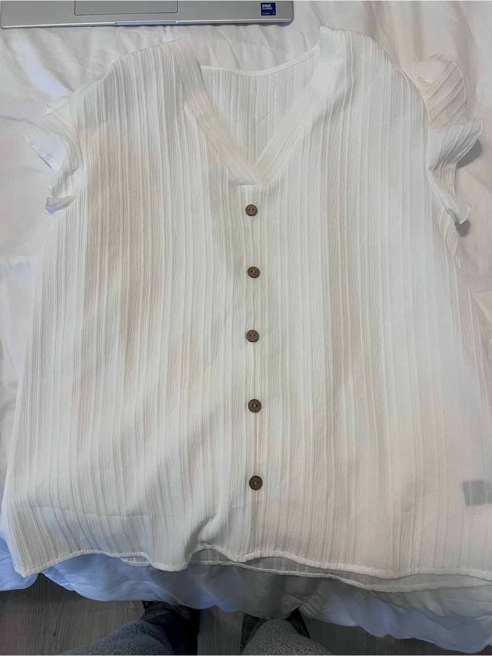 Women’s White V-Neck Button Front Flutter Sleeve Blouse
